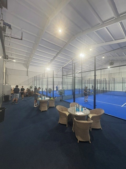Seating area beside the indoor padel courts at Poplars Padel, East Cowick